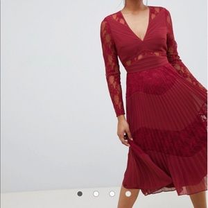 ASOS Pleated Lace Midi Dress with Long Sleeves